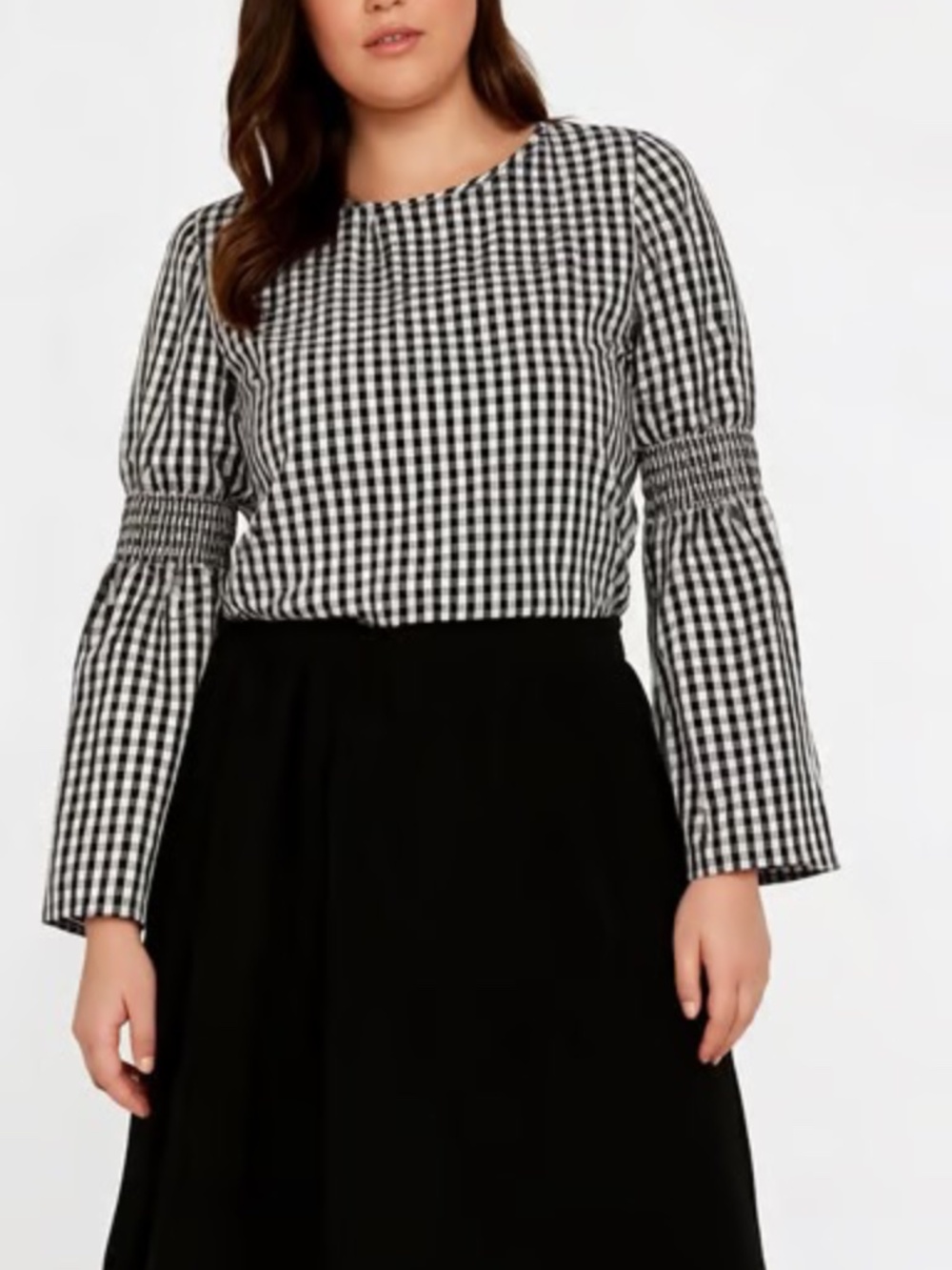 Zach & Rachel Black White Gingham Smocked Bell Sleeve Blouse Top 1X